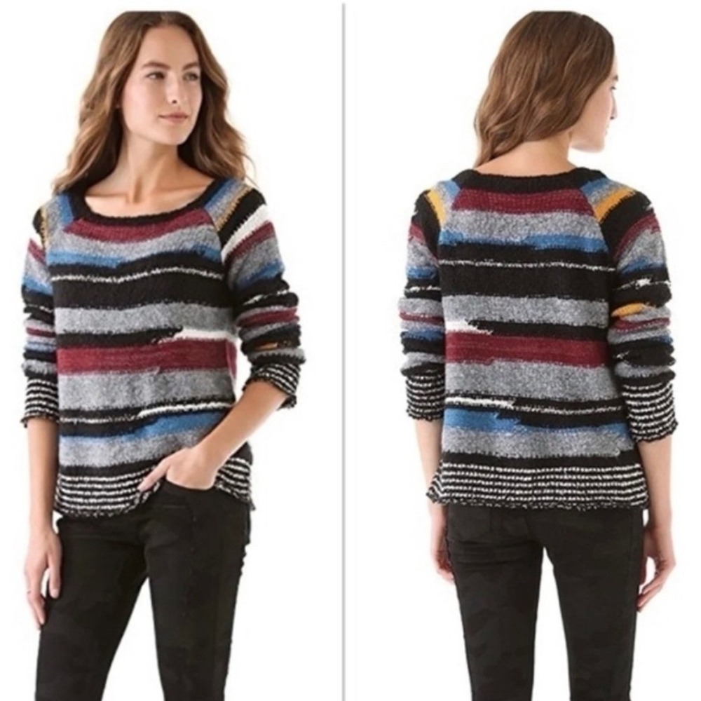 Free People XS Striped Textured‎ Knit Sweater Multicolor Wool Blend Boho Raglan